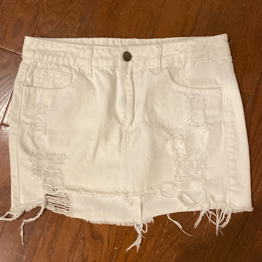 Destroyed, White Denim Mini Skirt